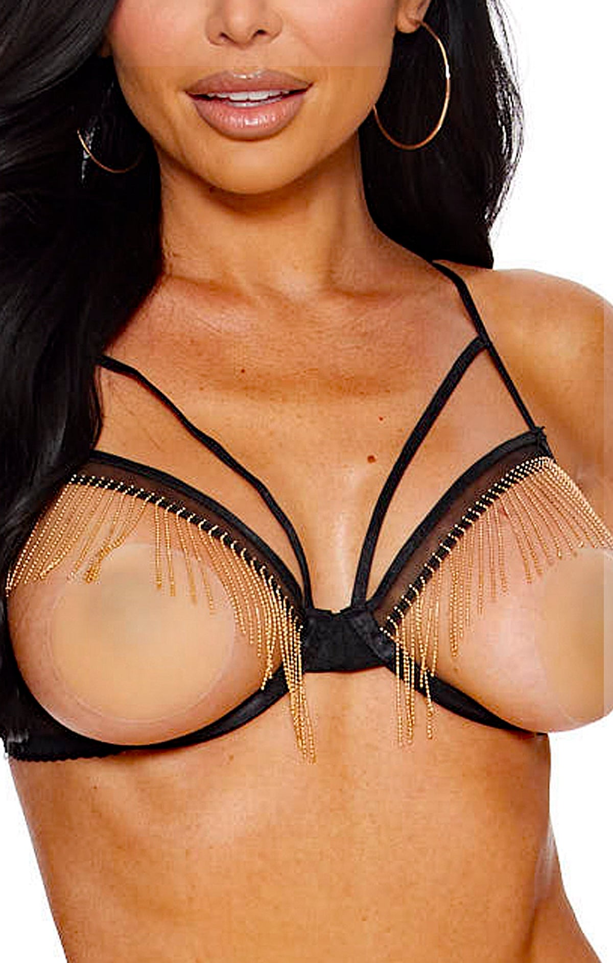 Sexy Funky Fringe Open Cup Bra Set Black and Gold
