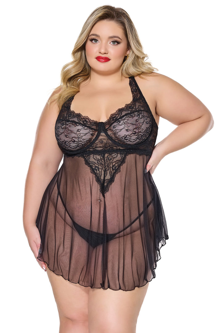 Coquette Holiday Diva Scallop Lace Sheer Mesh Babydoll Black-Rebel Romance