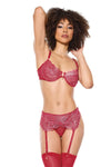 Coquette Holiday Metallic Lace Crotchless Garter Panty Bra Set Red/Silver