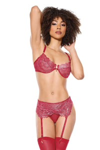 Coquette Holiday Metallic Lace Crotchless Garter Panty Bra Set Red/Silver
