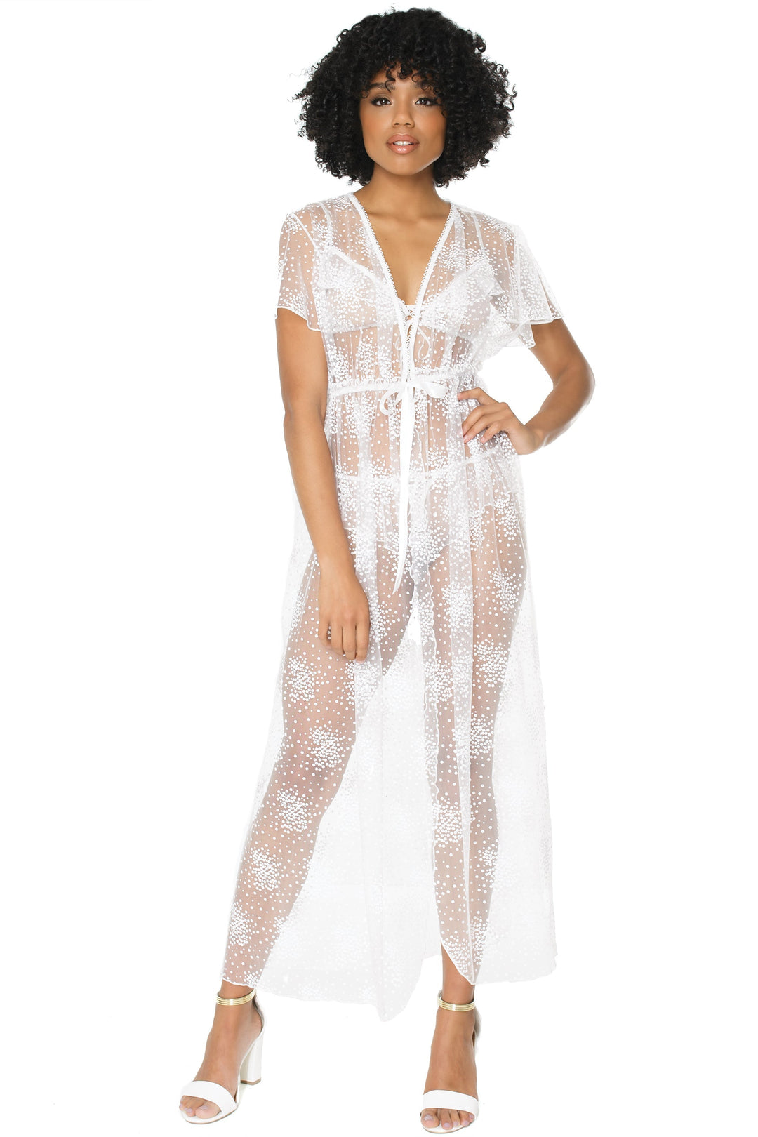 Coquette Sheer Dotted Flutter Long Robe White