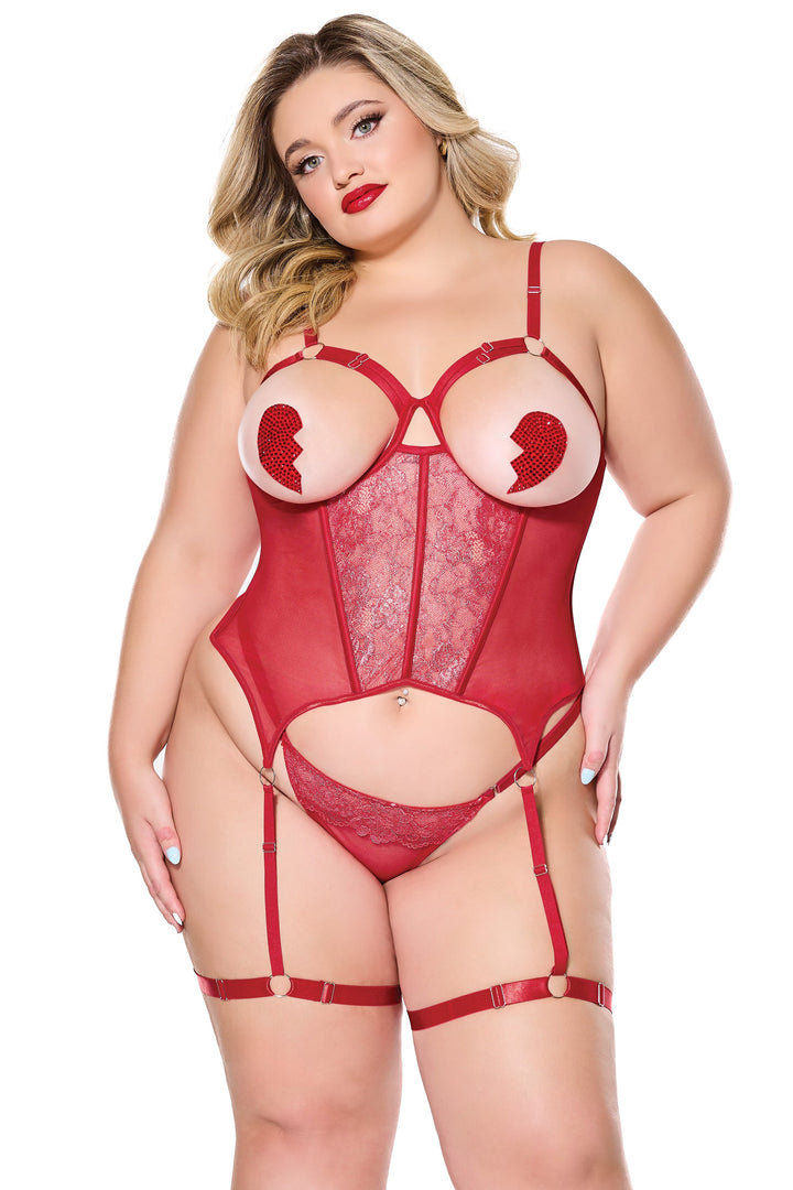 Coquette Holiday Diva Metallic Scallop Lace Open Cups Bustier Red/Silver