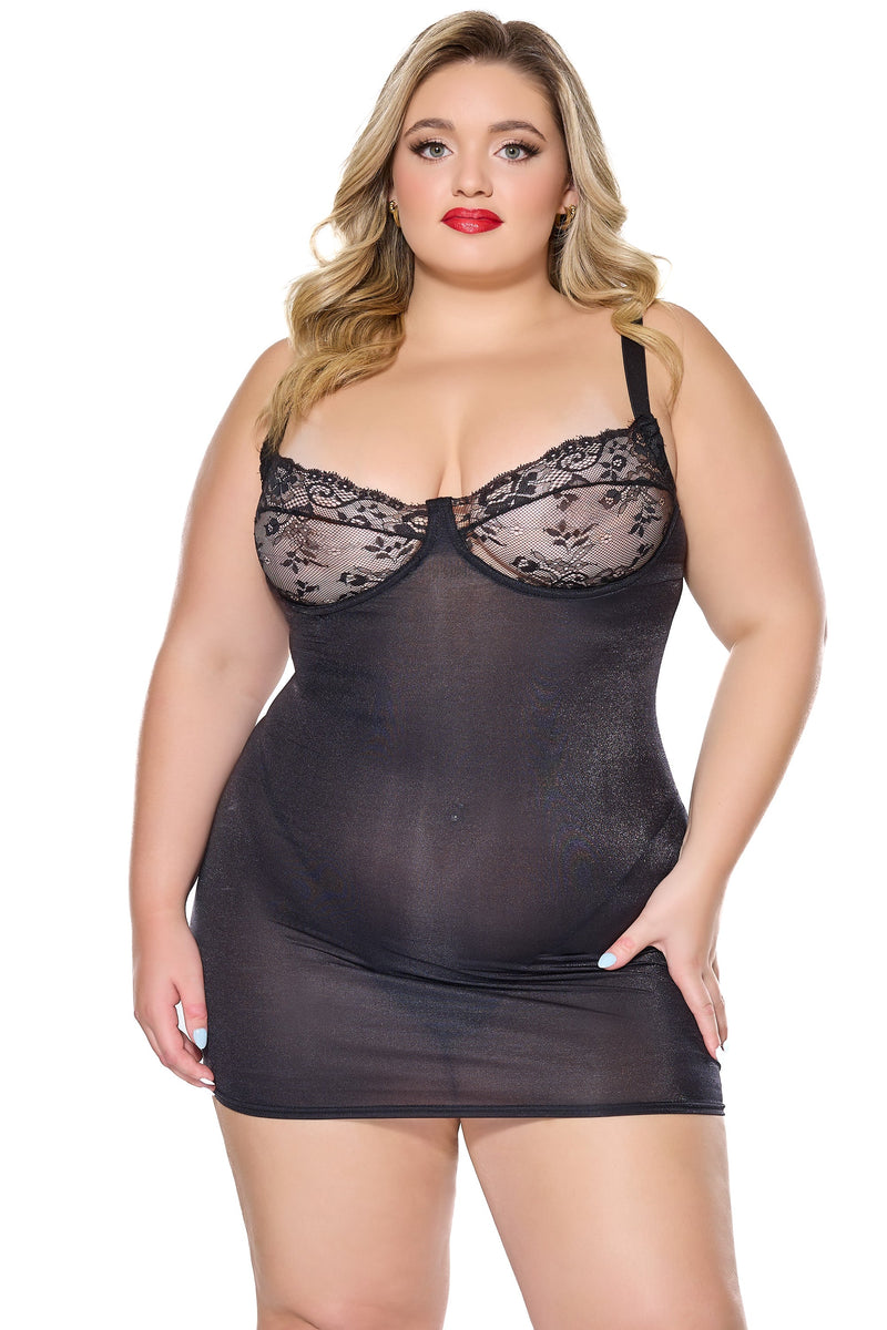 Coquette Holiday Diva Shimmer Stretch Knit Lace Up Back Chemise Black-Rebel Romance