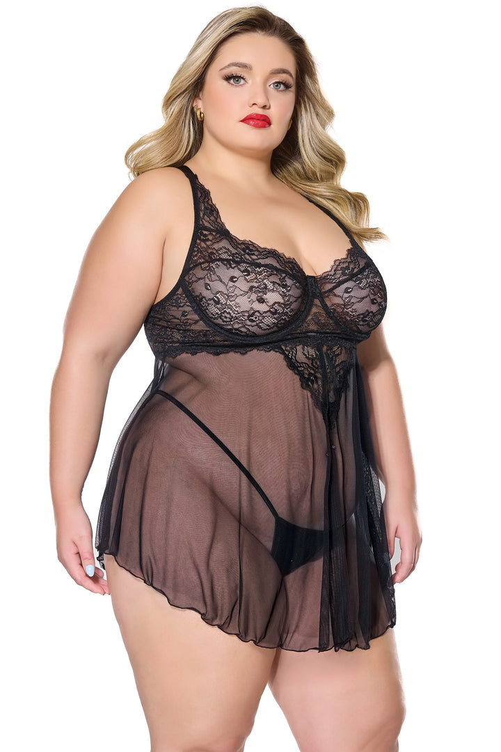 Coquette Holiday Diva Scallop Lace Sheer Mesh Babydoll Black-Rebel Romance