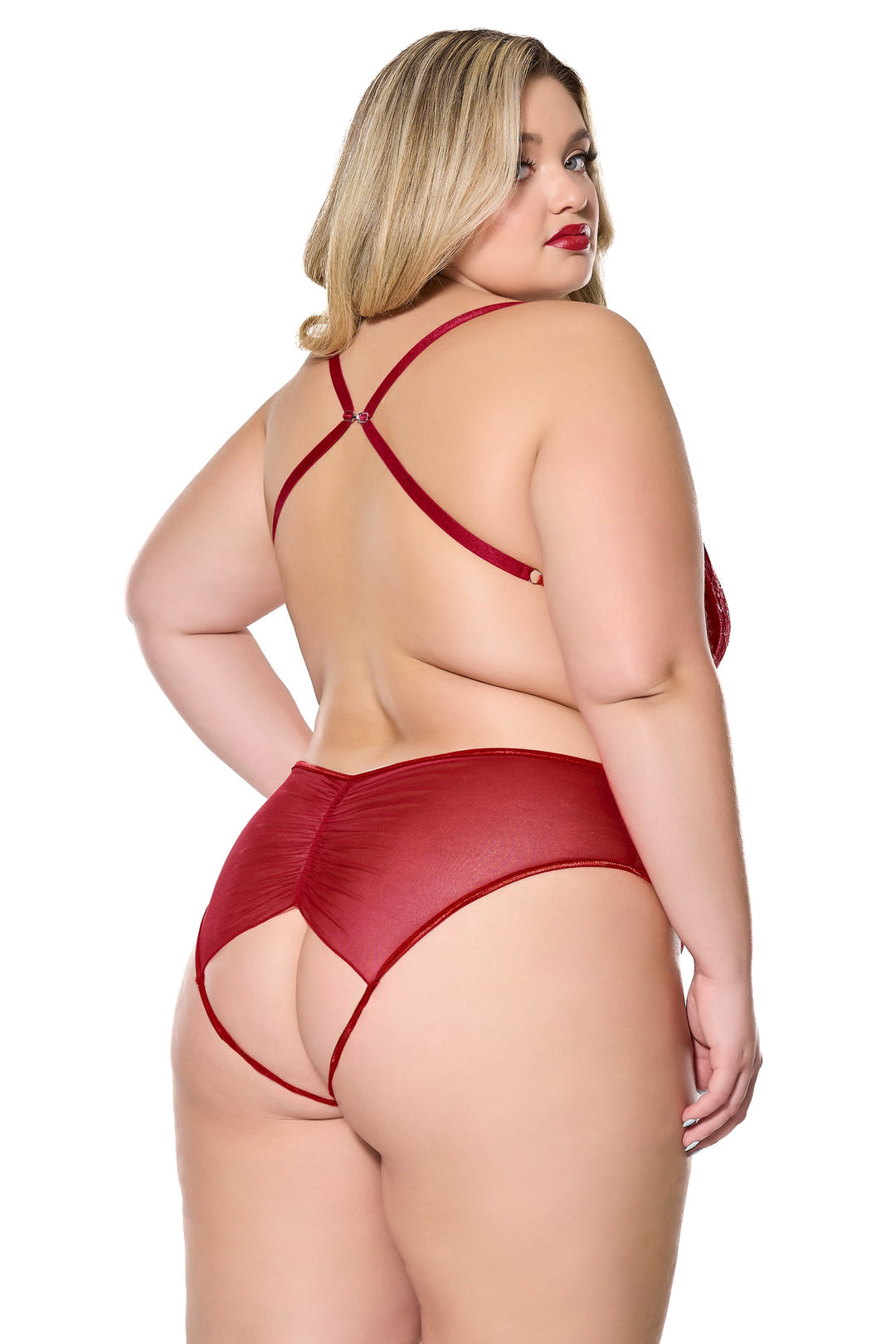 Coquette Holiday Diva Metallic Scallop Lace Crotchless Teddy Red/Silver-Rebel Romance