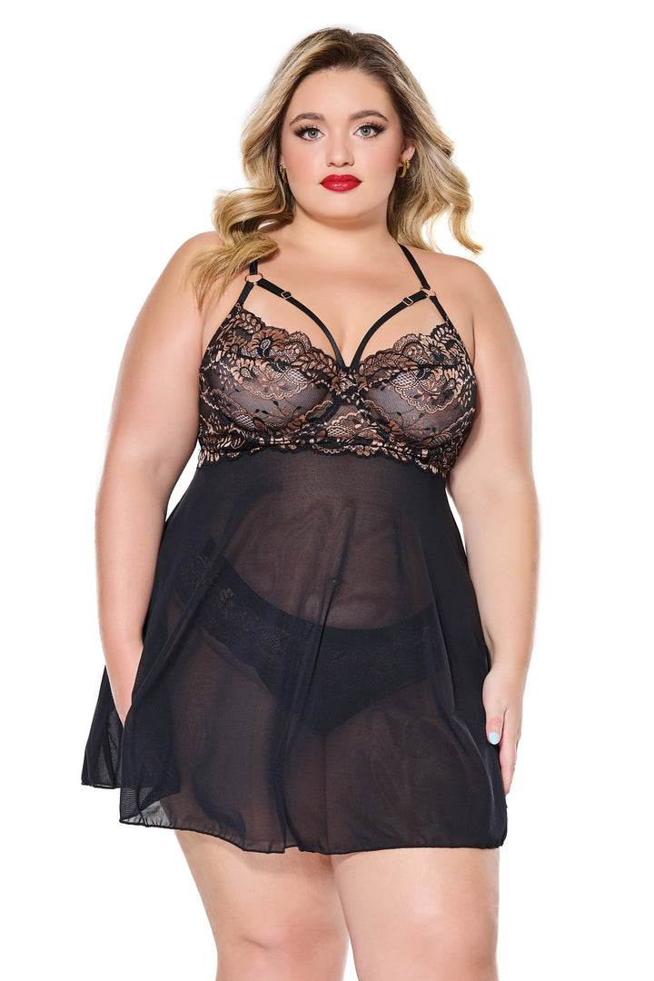 Coquette Holiday Diva Scalloped Lace Strappy Babydoll Set Rose Gold Black-Rebel Romance