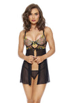 Garden Floral Embroidered Lace Underwire Cup Open Front Babydoll Set