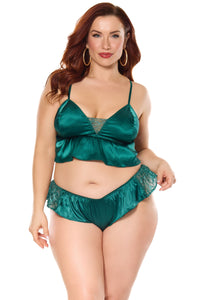 Holiday Satin Ruffle Peplum Bralette Sleep Set Green