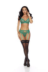 Emerald Chain Detail 3PC Underwire Bra Garterbelt Thong Set Green