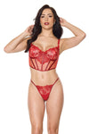 Holiday Sheer Embroidery Mesh Metallic Wet Look Bustier Set Red