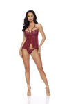 Lace & Mesh Shorty Babydoll Strappy Detail and Panty Set Bordeaux