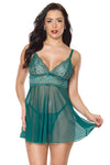 Holiday Sheer Mesh and Lace Babydoll Set Green