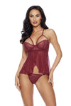 Lace & Mesh Shorty Babydoll Strappy Detail and Panty Set Bordeaux