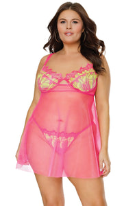 Coquette Diva Summer Neon Pink Underwire Cups Babydoll Set-Rebel Romance