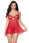 Holiday Sheer Embroidery Mesh Metallic Wet Look Babydoll Red
