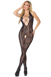 Coquette Halter Lace Bodystocking Faux Lace-Up Front Crotchless