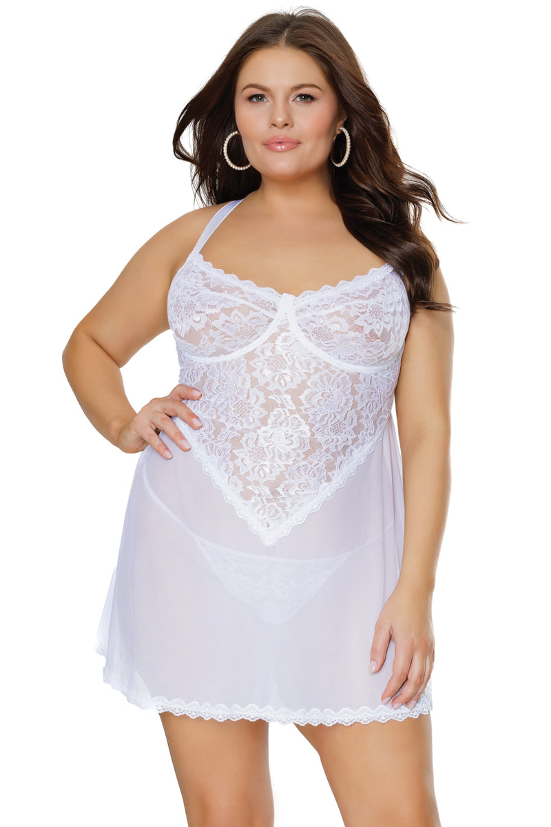 Coquette Diva A-Line Lace Underwire Cups Babydoll White-Rebel Romance