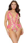 Coquette Diva Summer Neon Pink Plunging Neckline Crotchless Teddy-Rebel Romance