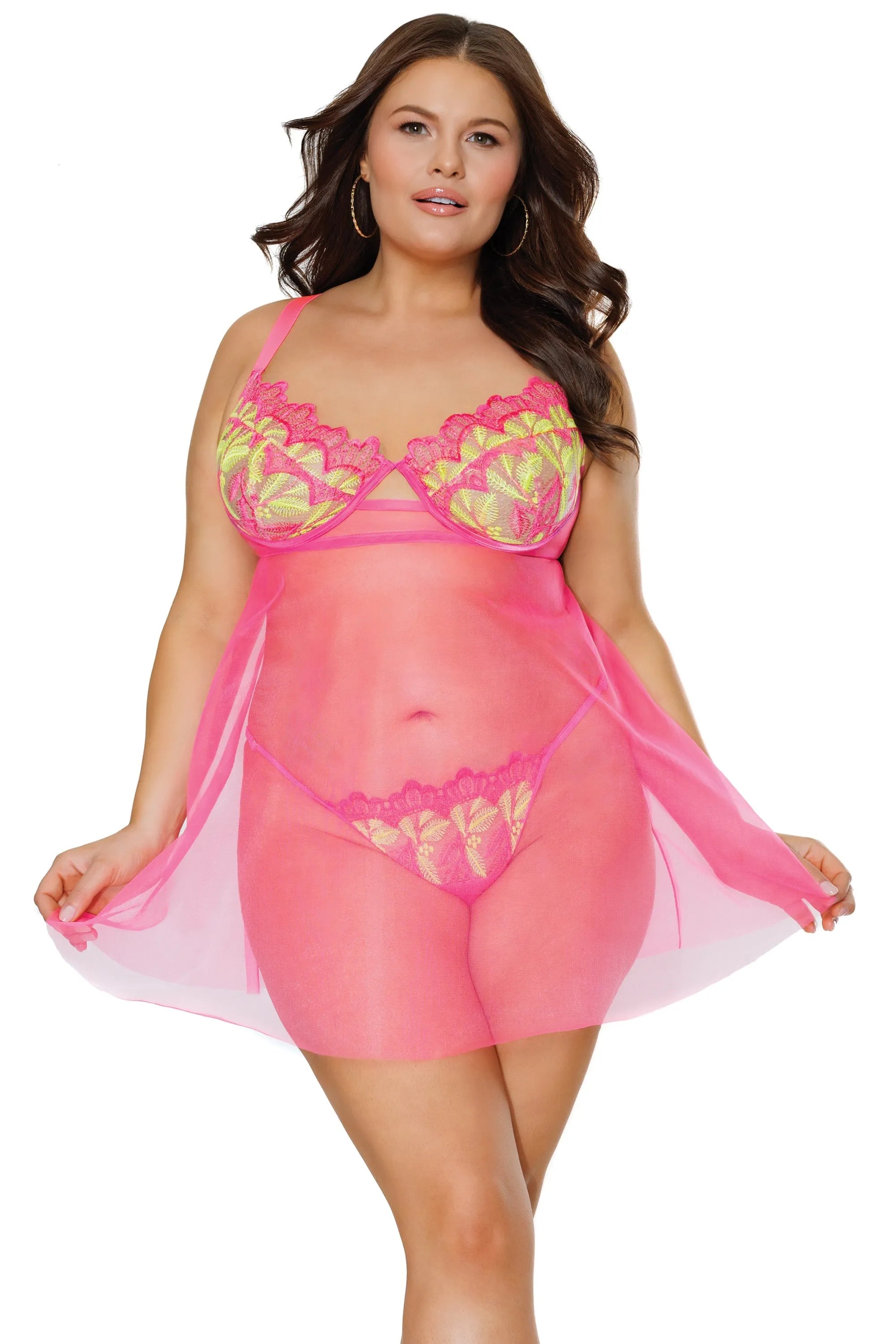 Coquette Diva Summer Neon Pink Underwire Cups Babydoll Set-Rebel Romance