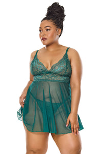 Holiday Sheer Mesh and Lace Babydoll Set Green