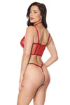 Holiday Sheer Embroidery Mesh Metallic Wet Look Bustier Set Red