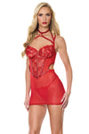 Holiday Sheer Embroidery Mesh Metallic Wet Look Cupless Chemise Red