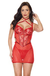 Holiday Sheer Embroidery Mesh Metallic Wet Look Cupless Chemise Red