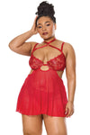 Holiday Sheer Embroidery Mesh Metallic Wet Look Babydoll Red