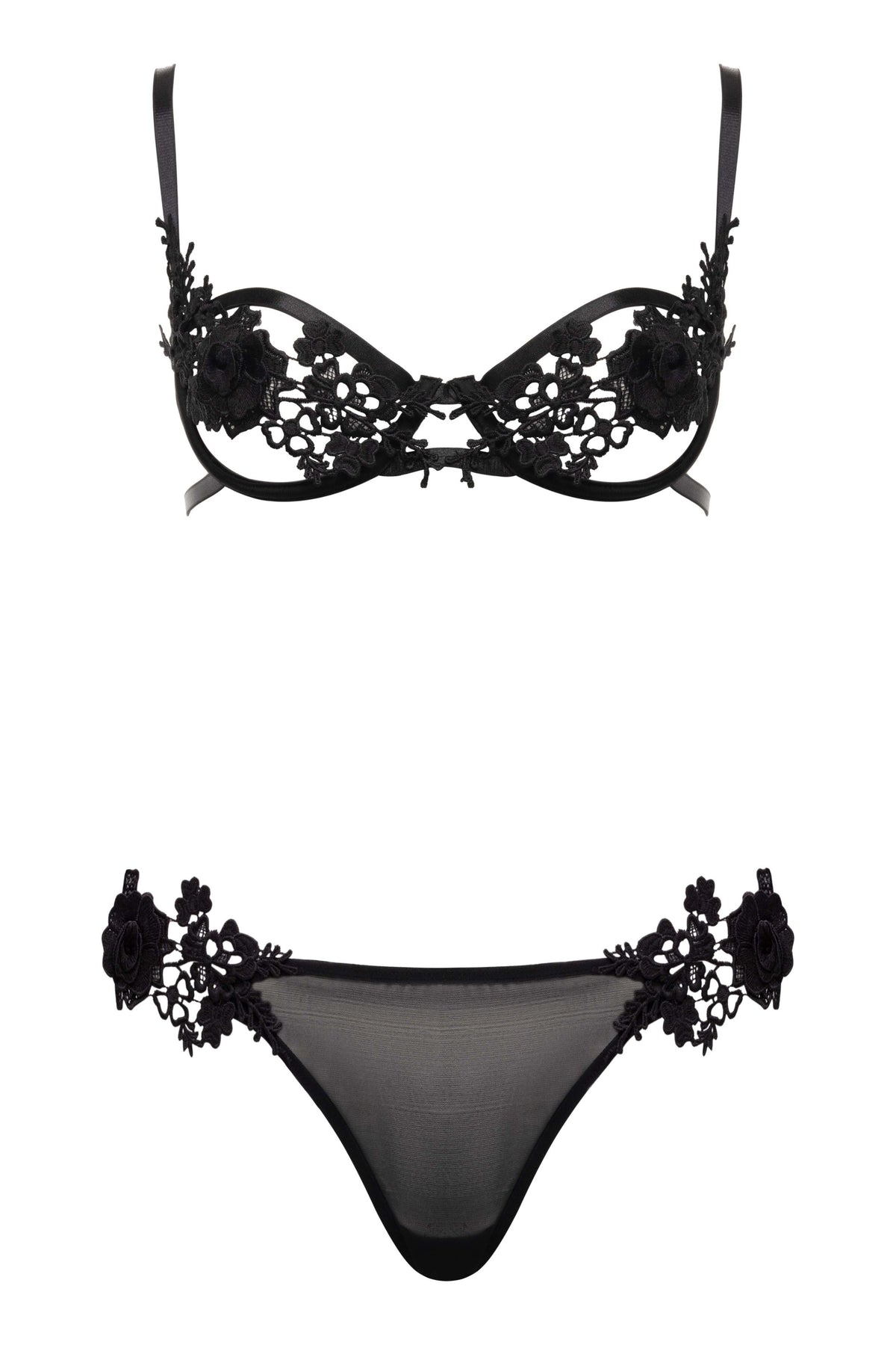 Sydney Applique Roses Open Cups Bra Set