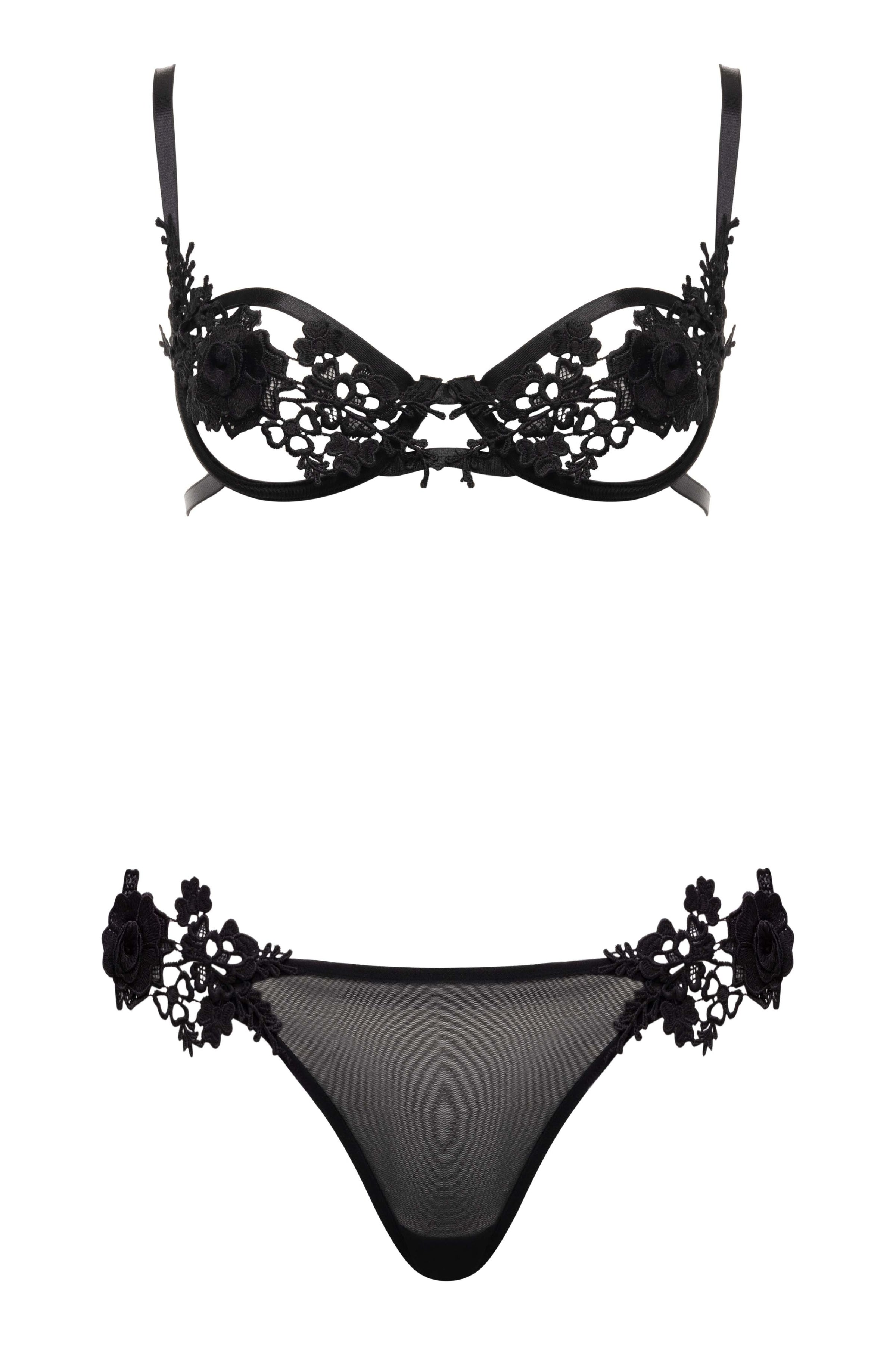 Sydney Applique Roses Open Cups Bra Set