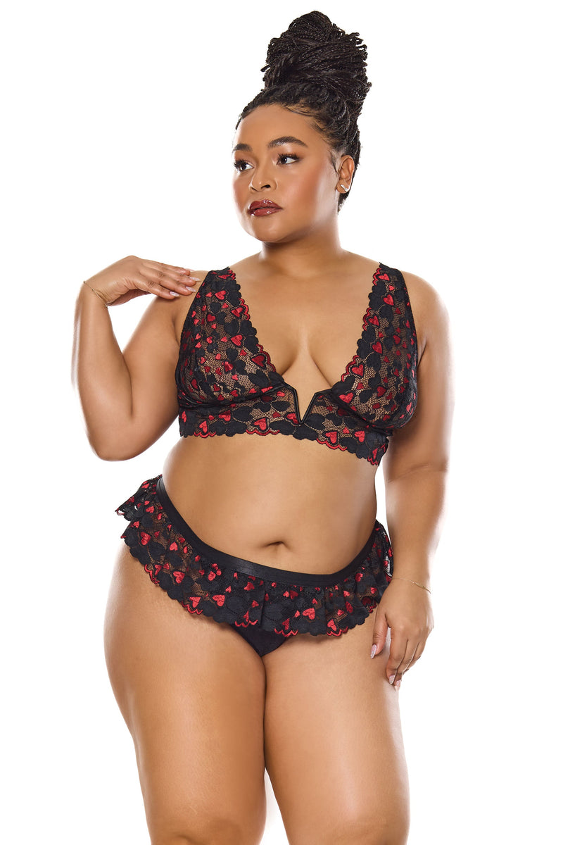 Valentine Hearts Lace V-Wire Bralette Bra Set