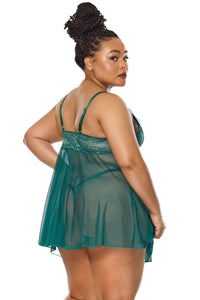 Holiday Sheer Mesh and Lace Babydoll Set Green