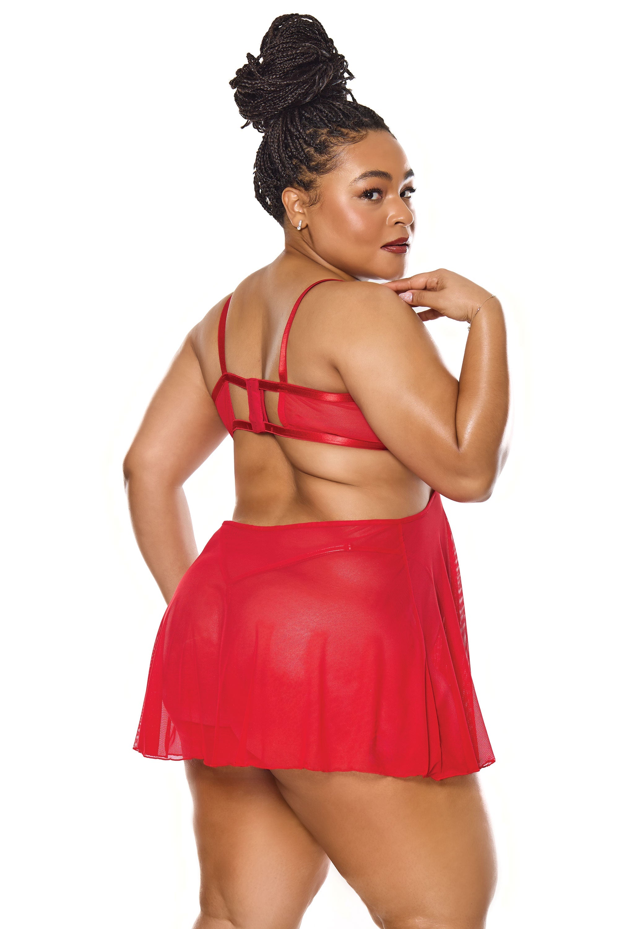 Holiday Sheer Embroidery Mesh Metallic Wet Look Babydoll Red