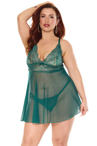 Holiday Sheer Mesh and Lace Babydoll Set Green