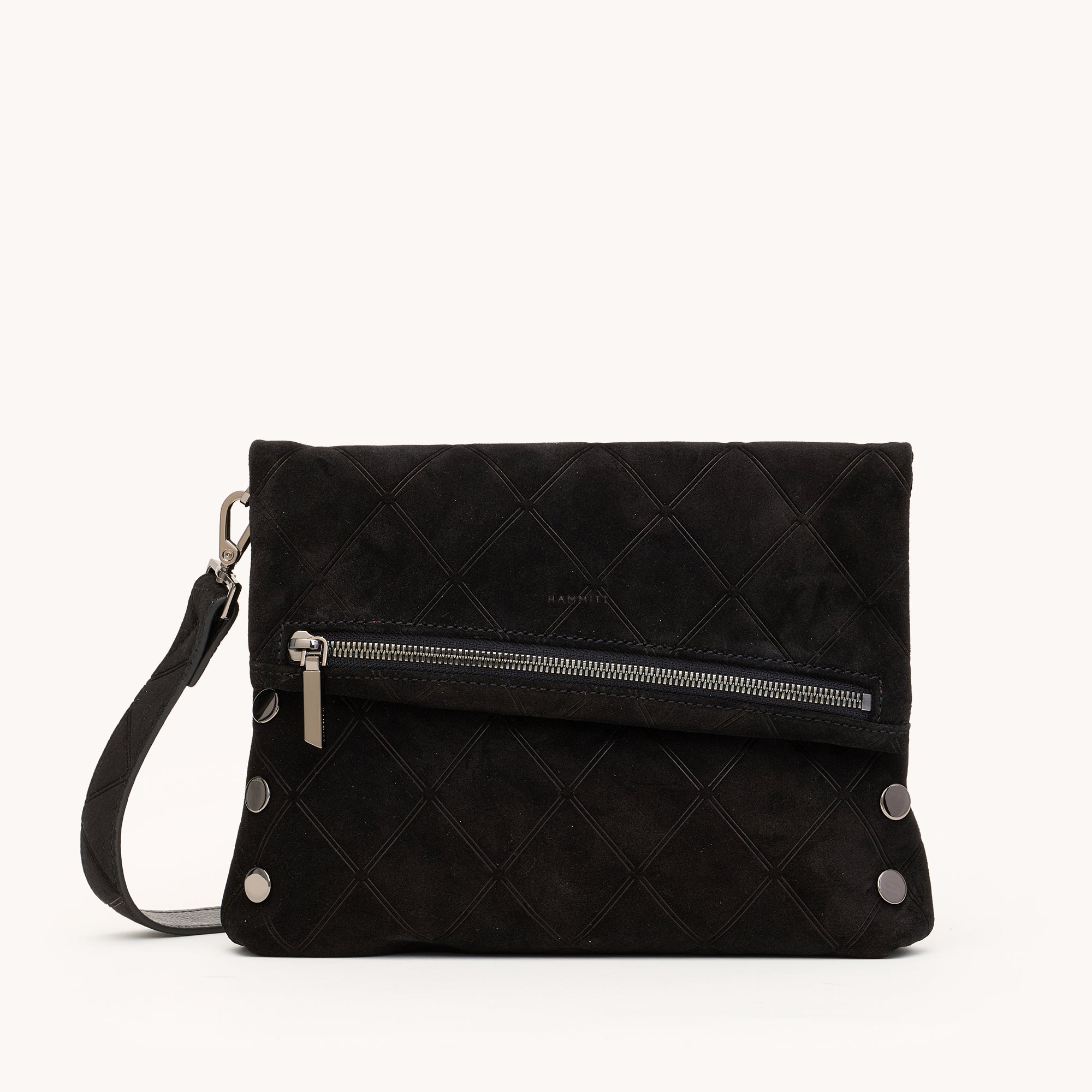 HAMMITT VIP Med Zippered Crossbody Clutch Noir Diamond Suede/Gunmetal