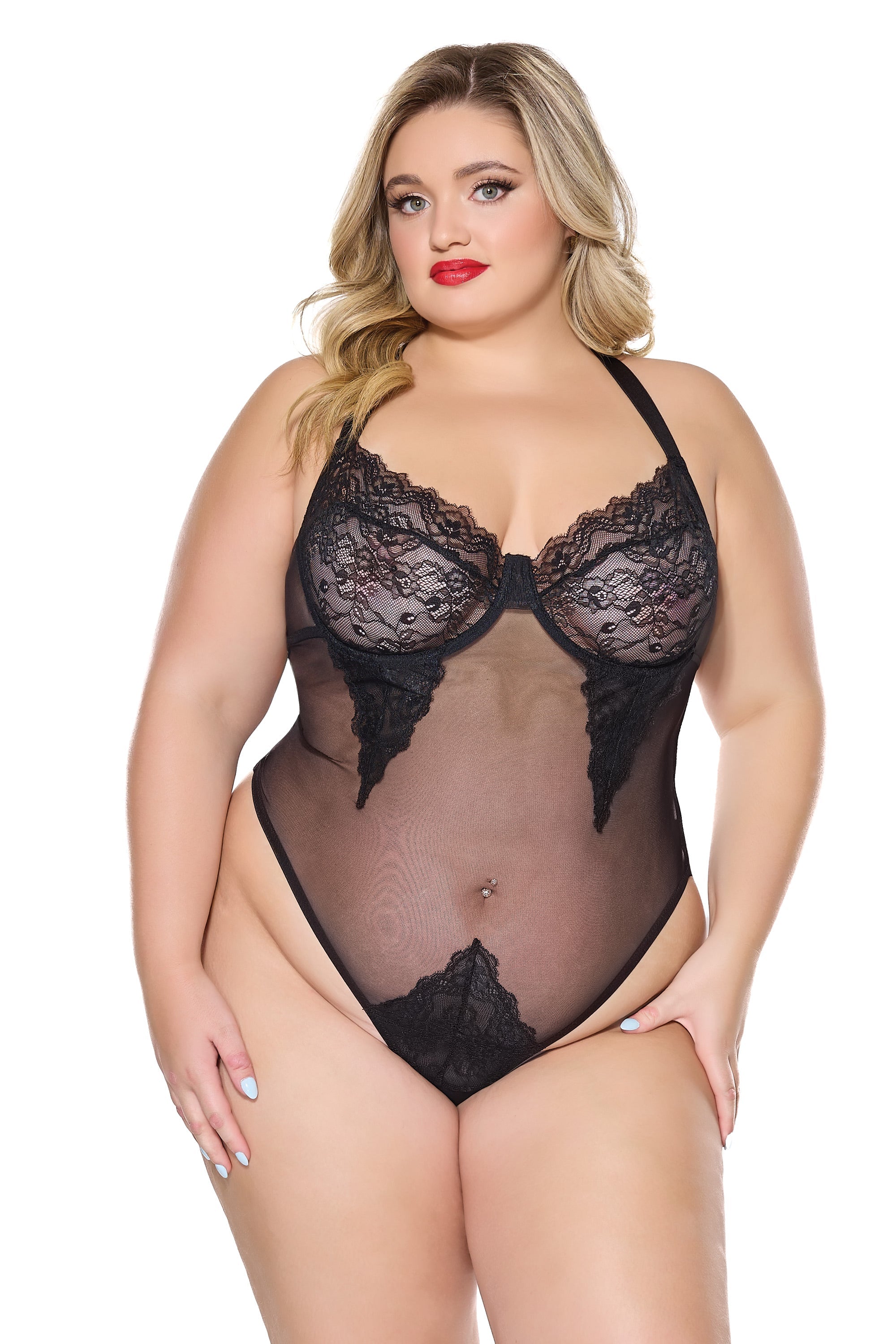 Coquette Holiday Diva Pretty Lace Sheer Mesh Teddy Black-Rebel Romance