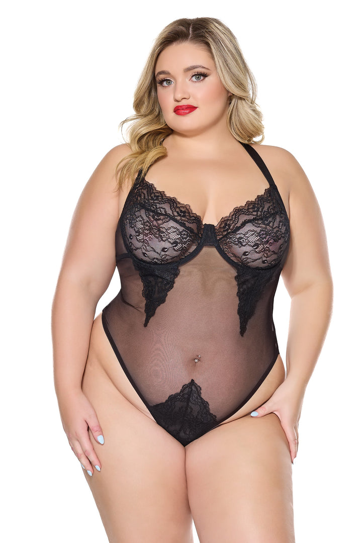 Coquette Holiday Diva Pretty Lace Sheer Mesh Teddy Black-Rebel Romance