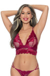 Escante Lingerie Sexy Feather Lace Strappy Side Thong Wine