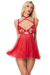Holiday Sheer Embroidery Mesh Metallic Wet Look Babydoll Red