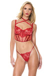 Holiday Sheer Embroidery Mesh Metallic Wet Look Bustier Set Red