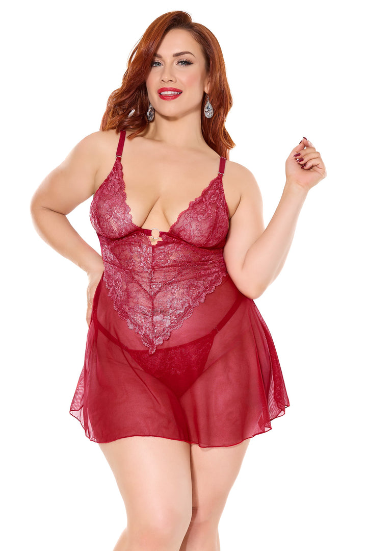 Coquette Holiday Diva Metallic Scallop Lace Sheer Mesh Babydoll Red/Silver-Rebel Romance