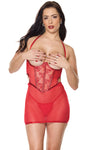 Holiday Sheer Embroidery Mesh Metallic Wet Look Cupless Chemise Red