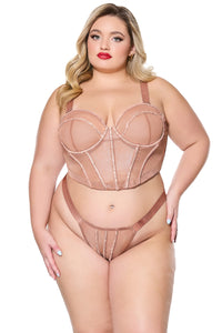 Coquette Holiday Diva Sheer Shimmer Rhinestone Seams Bustier Set Bronze-Rebel Romance