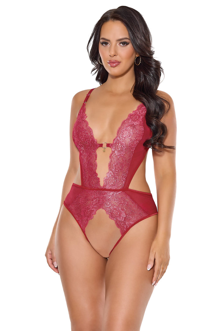 Coquette Holiday Metallic Scallop Lace Crotchless Teddy Red/Silver-Rebel Romance