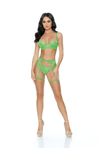 Lace Gartered Underwire Cups Bra Set Lime