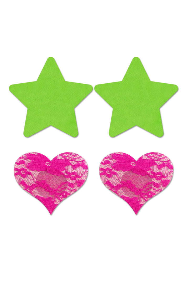 UV Reactive Neon Star & Lace Heart Pasties Green & Pink Pack of 2-Fantasy Lingerie-Rebel Romance