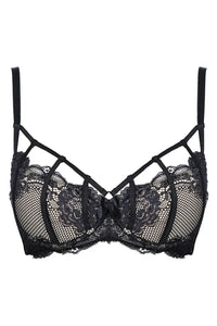 Sensual Axami Valentina black lace caged demi bra with decorative straps and padded cups.