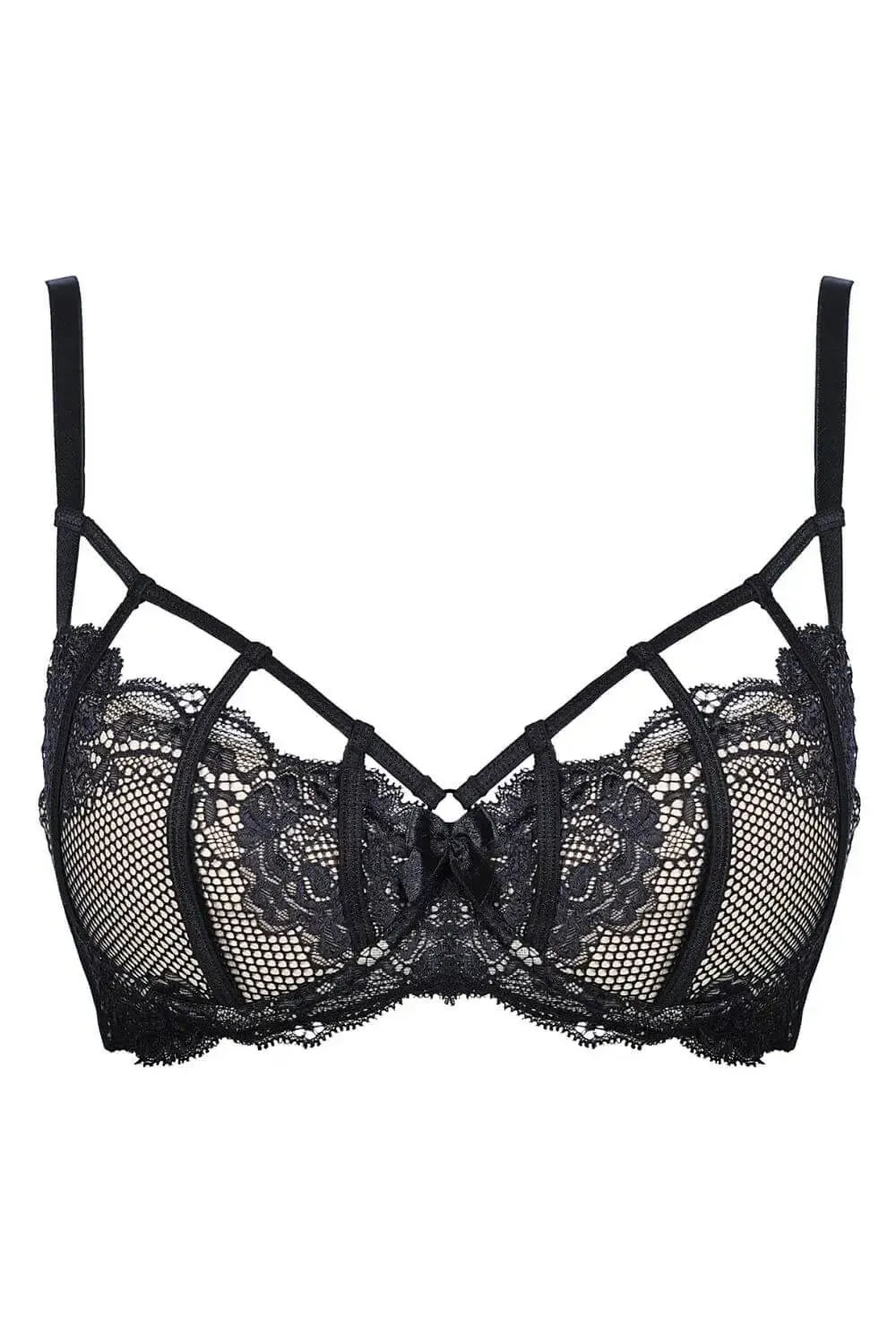 Sensual Axami Valentina black lace caged demi bra with decorative straps and padded cups.