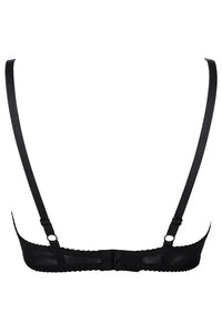 Black Axami Valentina caged demi bra with delicate lace, padded cups, and decorative non-removable straps.