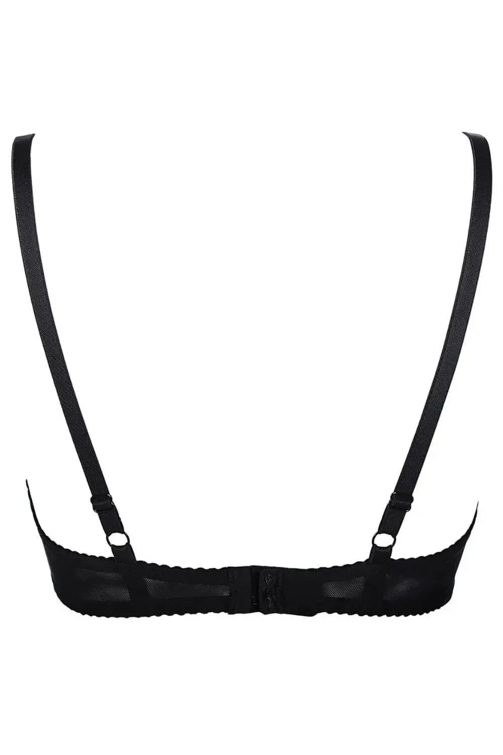 Black Axami Valentina caged demi bra with delicate lace, padded cups, and decorative non-removable straps.
